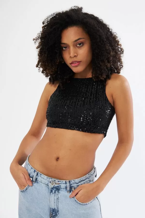 Majoristik SPARKLY BÜSTİYER   PAYET HALTER YAKA ( Siyah )
