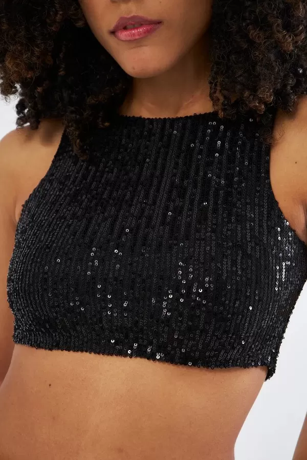 Majoristik SPARKLY BÜSTİYER   PAYET HALTER YAKA ( Siyah )