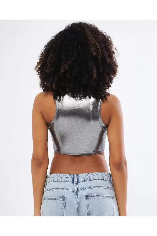 Majoristik SPARKLY BÜSTİYER METALİK HALTER YAKA